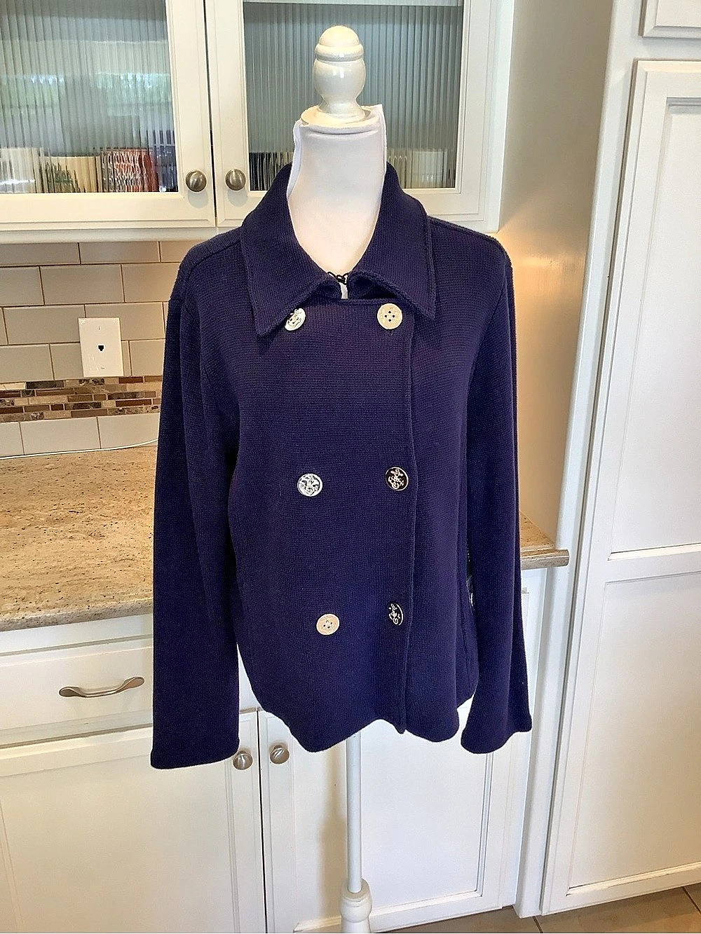 Lauren Ralph Lauren Rib-Knit Double-Breasted Sweater Jacket Blue XL